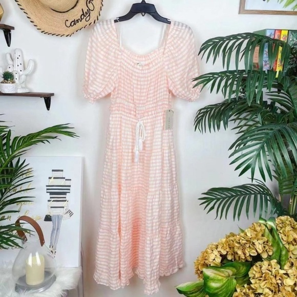 Moon River New Size S Peachy White Stripe Poplin Puff Sleeve Vacation Midi Dress - Picture 1 of 7